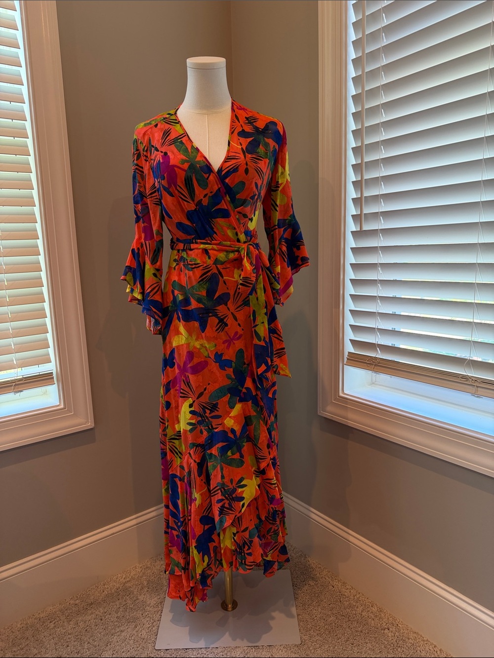 Diane Von Furstenberg Orange Tropical Wrap Maxi Dress